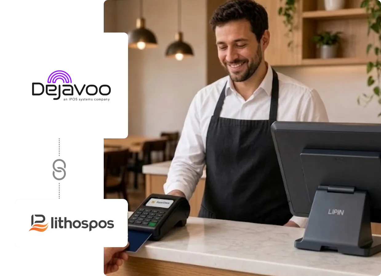 Restaurant staff behind a marble counter with a LipiN pedestal POS and a customer inserting a card at the payment terminal, with the Dejavoo and LithosPOS logos