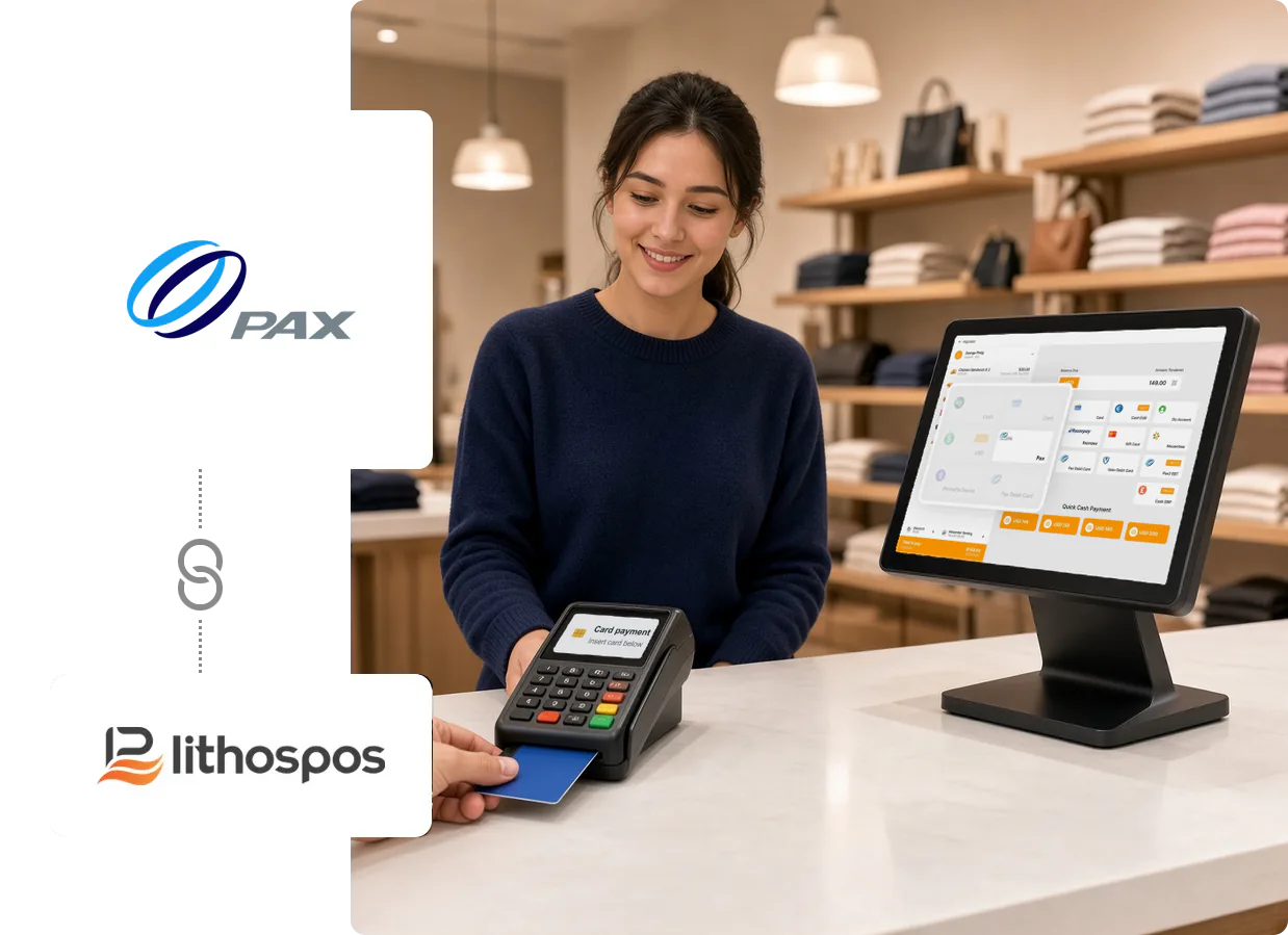 Boutique cashier beside a LithosPOS touchscreen showing the payment screen while a customer inserts a credit card into a separate card terminal, shown with the PAX and LithosPOS logos