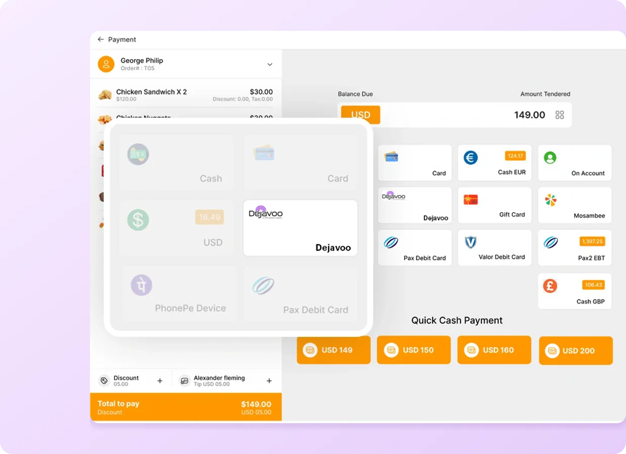 LithosPOS payment screen for a $149.00 order, with the Dejavoo payment option highlighted among the other payment types