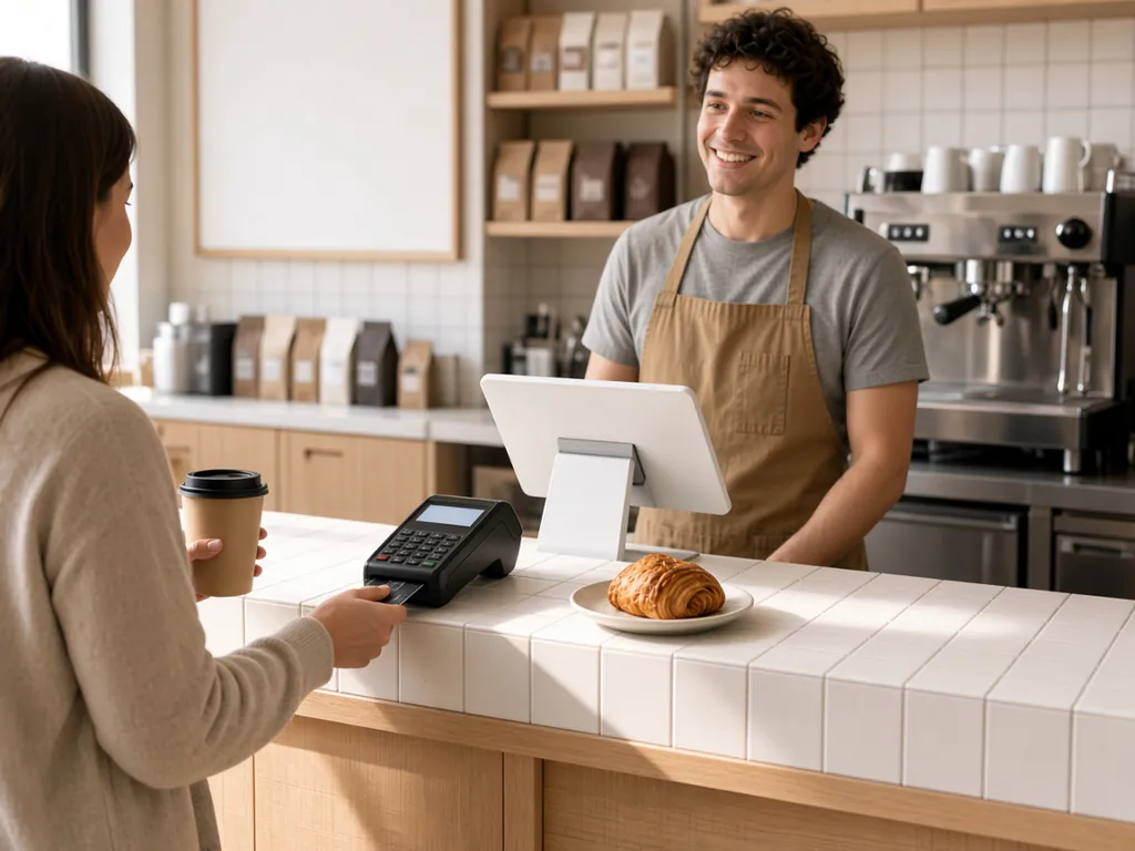 Café customer holding a takeaway coffee while inserting her debit card into a card terminal next to the barista’s tablet POS