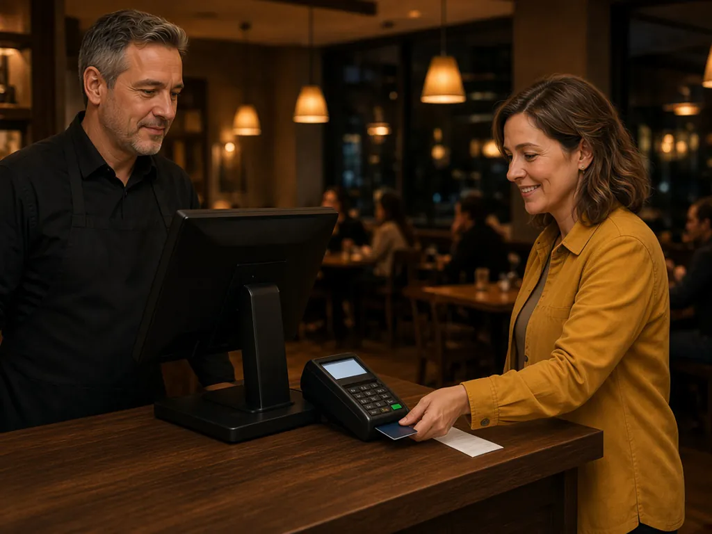 Restaurant guest inserting her credit card into a card terminal at the cash desk while the server looks at the POS monitor