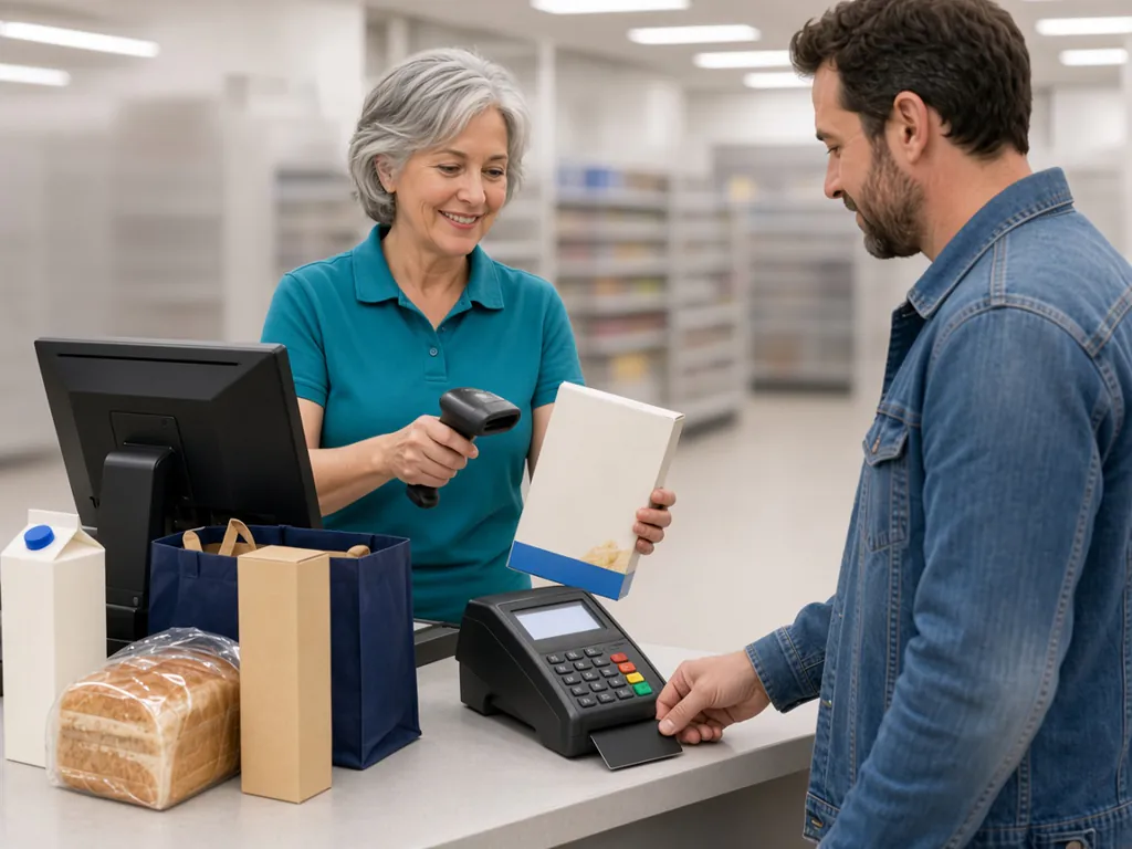 Grocery cashier scanning a cereal box while a customer inserts his credit card into a card terminal at the checkout