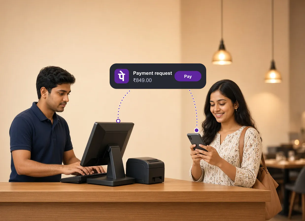 Restaurant customer paying a PhonePe payment request for her bill on her phone while the cashier works at the LithosPOS counter, with a dotted path from the POS to her phone and a PhonePe payment request notification for ₹849.00 with a Pay button