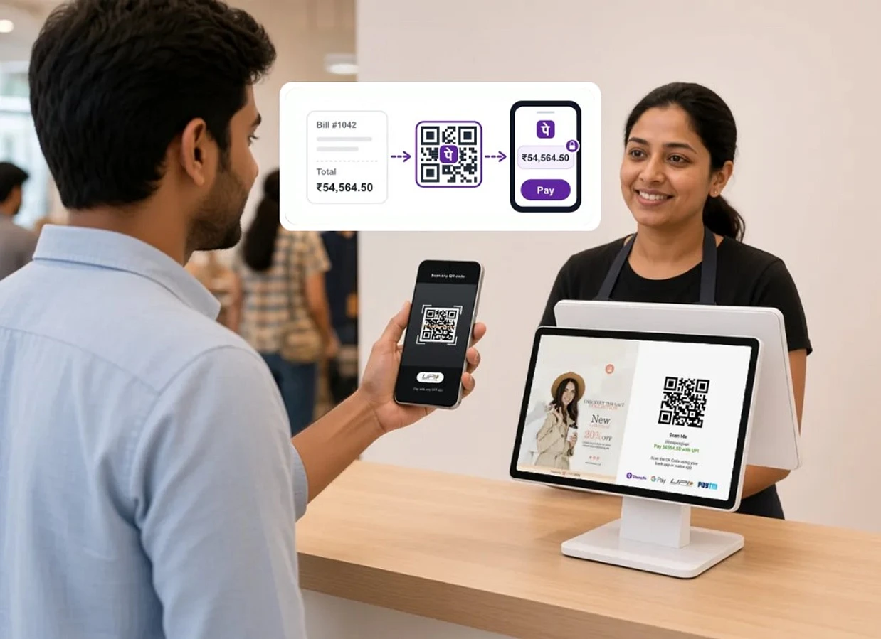 Retail customer scanning a PhonePe QR on the customer display at a LithosPOS checkout, with a graphic showing the ₹54,564.50 bill, the PhonePe QR linked to it, and the customer's phone with the same amount already filled in and a Pay button