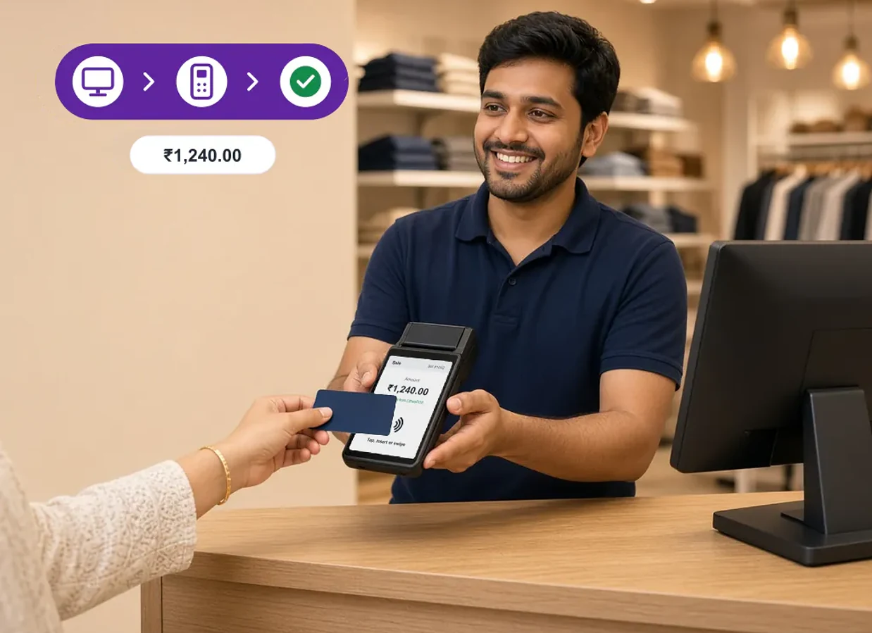 Retail cashier holding out a card terminal showing the ₹1,240.00 bill amount received from LithosPOS while the customer taps her card, with a graphic showing the ₹1,240.00 bill going from the POS to the PhonePe EDC terminal and the payment completing