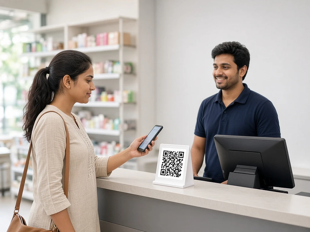Customer scanning a printed QR code on a counter stand at a retail checkout with a LithosPOS terminal
