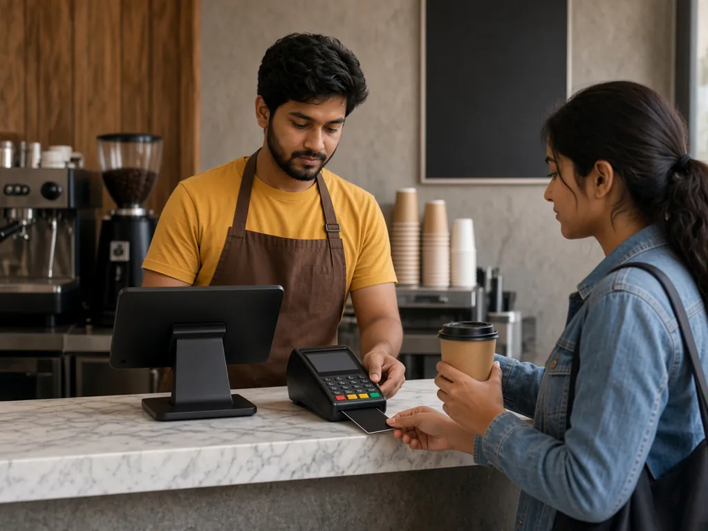 Café customer holding a takeaway coffee while inserting her debit card into a card terminal beside the barista’s tablet POS