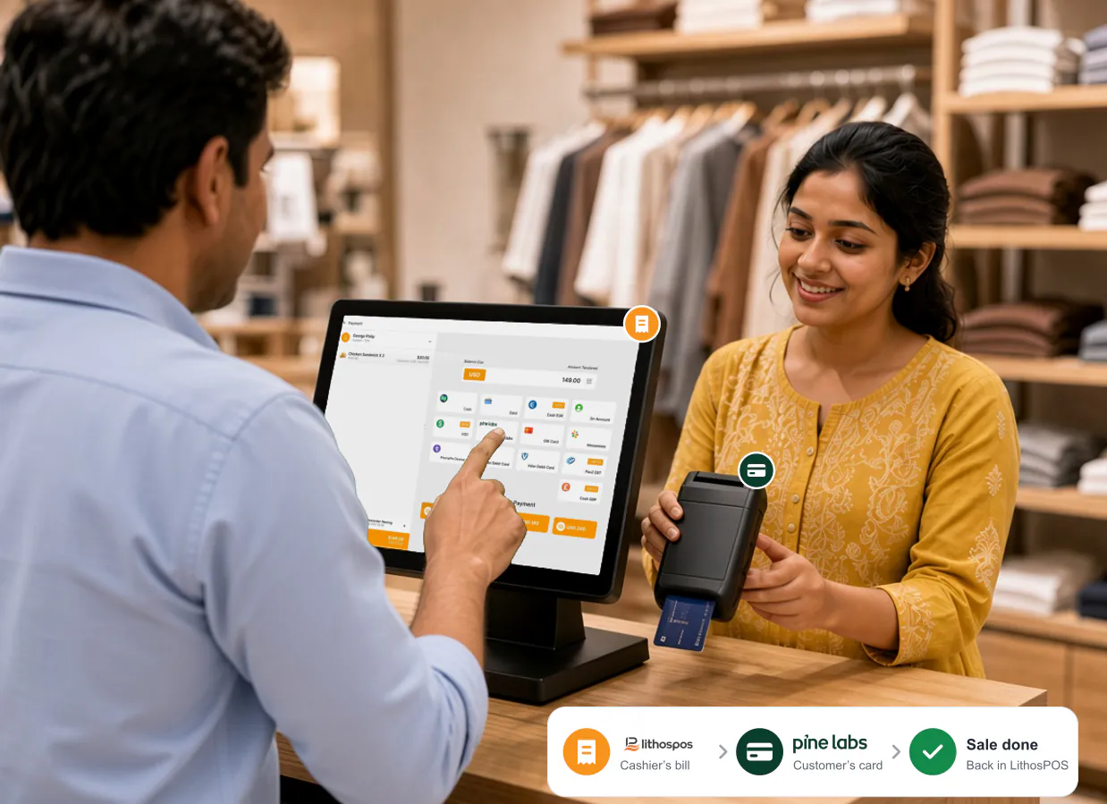 Boutique owner in a formal shirt tapping the Pine Labs option on the LithosPOS payment screen while the customer across the counter inserts her debit card into a handheld card terminal, with a marker on each device and a three-step graphic: the cashier’s bill on LithosPOS, the customer’s card on Pine Labs, and the sale completed back in LithosPOS