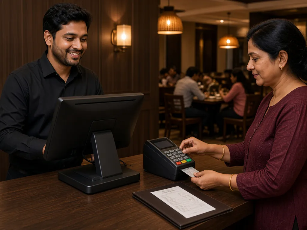 Restaurant guest inserting her credit card into a card terminal at the billing counter while the cashier works on the LithosPOS screen