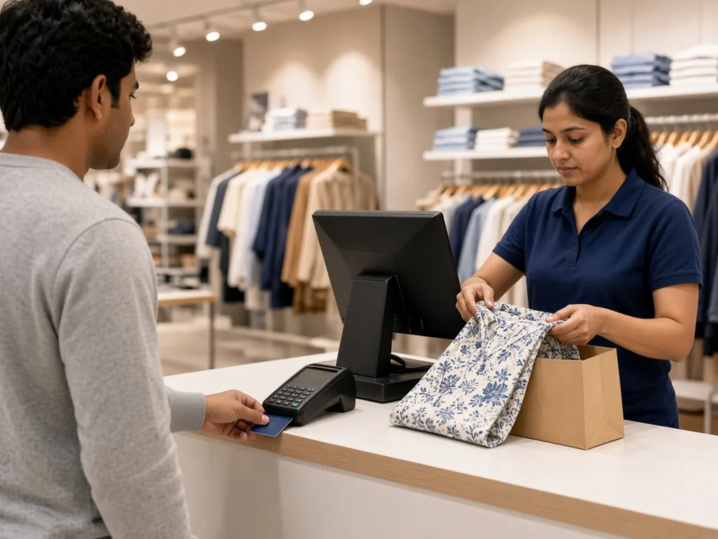 Retail customer inserting his card into a card terminal while the cashier packs his shirt into a paper bag at the checkout